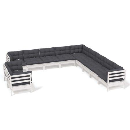 Salon de jardin 11 pcs avec coussins blanc bois de pin solide