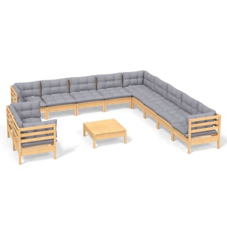 Salon de jardin 12 pcs avec coussins gris Bois de pin massif