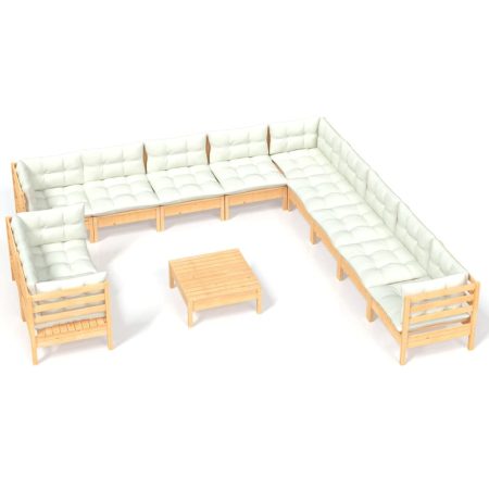 Salon de jardin 12 pcs avec coussins crème Bois de pin massif