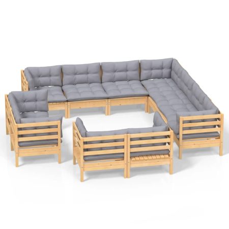 Salon de jardin 11 pcs avec coussins gris Bois de pin solide