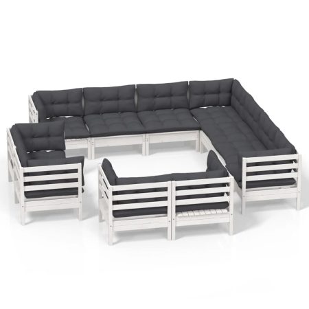 Salon de jardin 11 pcs avec coussins blanc bois de pin solide