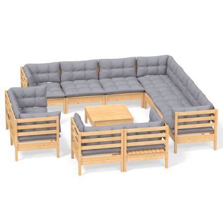 Salon de jardin 12 pcs avec coussins gris Bois de pin massif