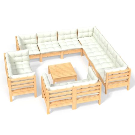 Salon de jardin 12 pcs avec coussins crème Bois de pin massif