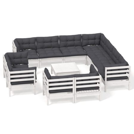 Salon de jardin 12 pcs avec coussins blanc bois de pin solide