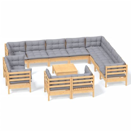 Salon de jardin 13 pcs avec coussins gris Bois de pin solide