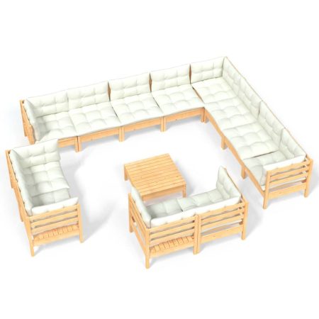 Salon de jardin 13 pcs avec coussins crème Bois de pin solide