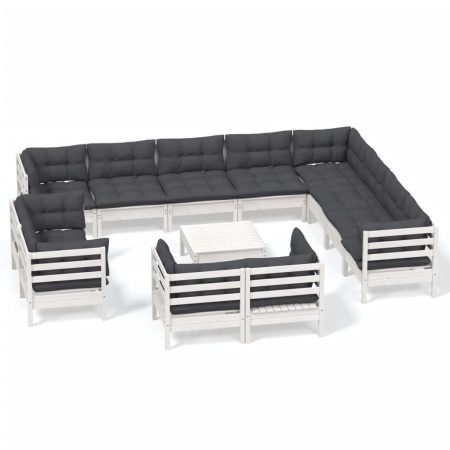 Salon de jardin 13 pcs avec coussins blanc bois de pin solide
