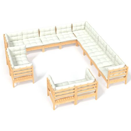 Salon de jardin 13 pcs avec coussins crème Bois de pin solide
