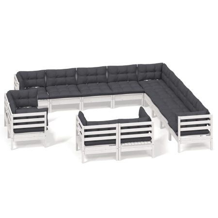 Salon de jardin 13 pcs avec coussins blanc bois de pin solide