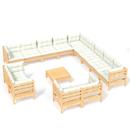 Salon de jardin 14 pcs avec coussins crème Bois de pin solide