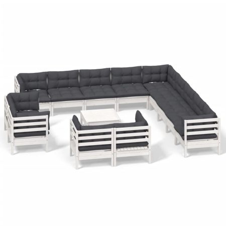 Salon de jardin 14 pcs avec coussins blanc bois de pin solide