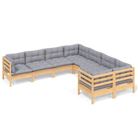 Salon de jardin 8 pcs avec coussins gris Bois de pin massif