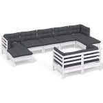 Salon de jardin 9 pcs avec coussins blanc bois de pin massif